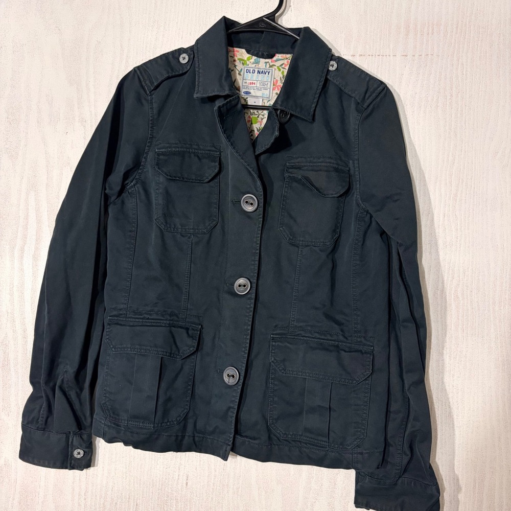 Old Navy Utility Jacket Womens M Navy Blue Cotton Floral Lined Epaulet Coat